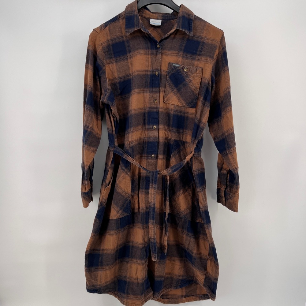 Columbia Womens Plaid Button Down Shirt Dress Brown Blue‎ XL